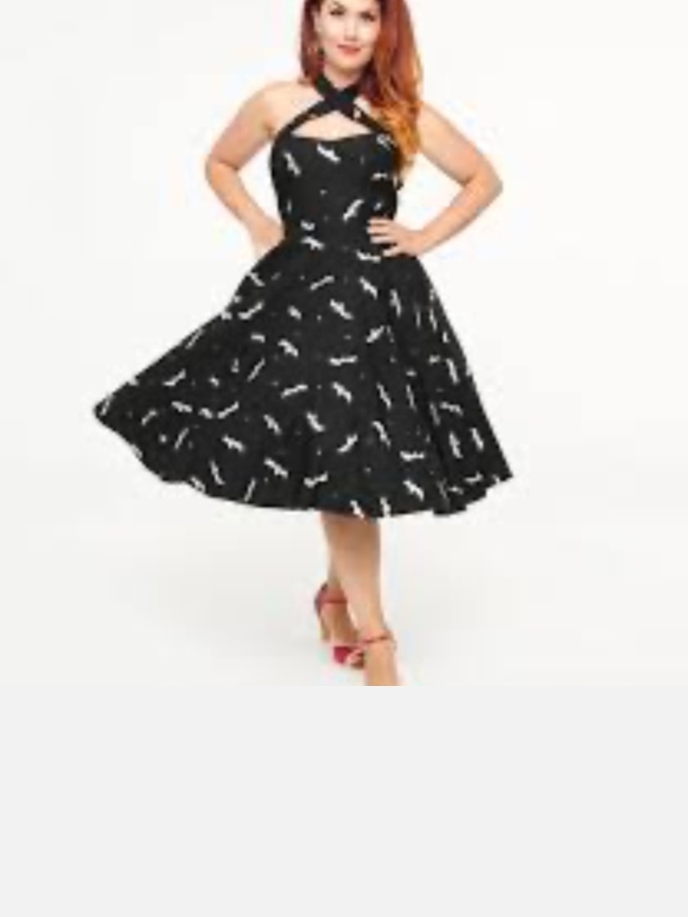 Unique Vintage Black Halter Midi Dress with White Bird Print